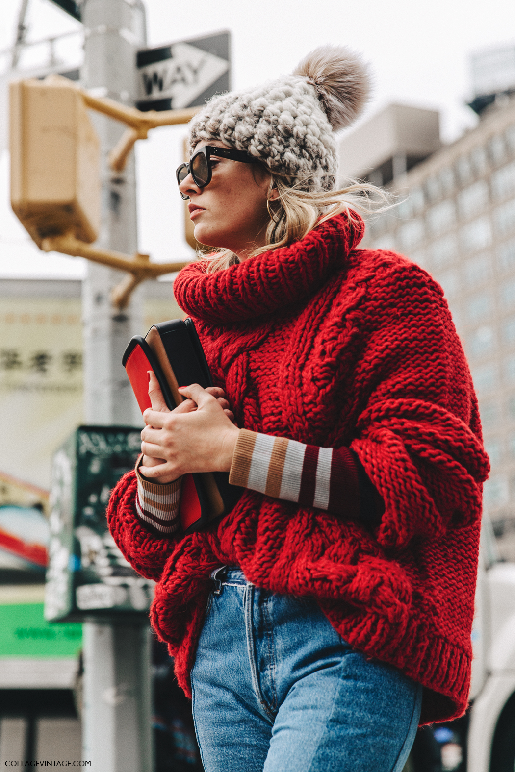 NYFW-New_York_Fashion_Week-Fall_Winter-17-Street_Style-Camille_Charriere-Vetements_Jeans-Red_Sweater-Beanie-Snake_Boots-2