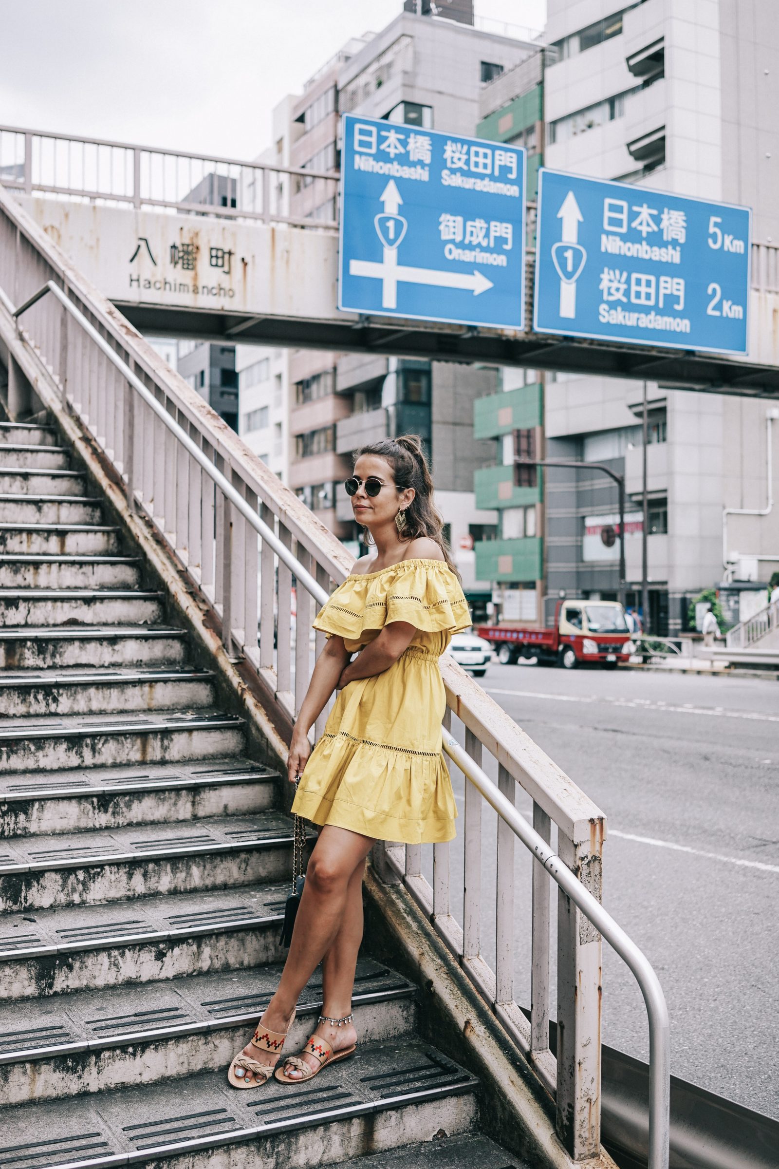 tokyo_travel_guide-outfit-collage_vintage-street_style-off_the_shoulders_dress-mustard_dress-soludos_sandals-chanel_vintage-bag-vintage_stores-34