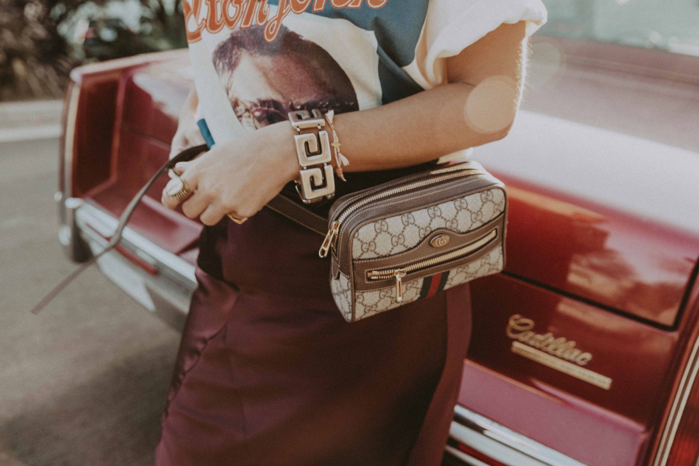 Sara of Collage Vintage wearing Joseph skirt and vintage Gucci tee