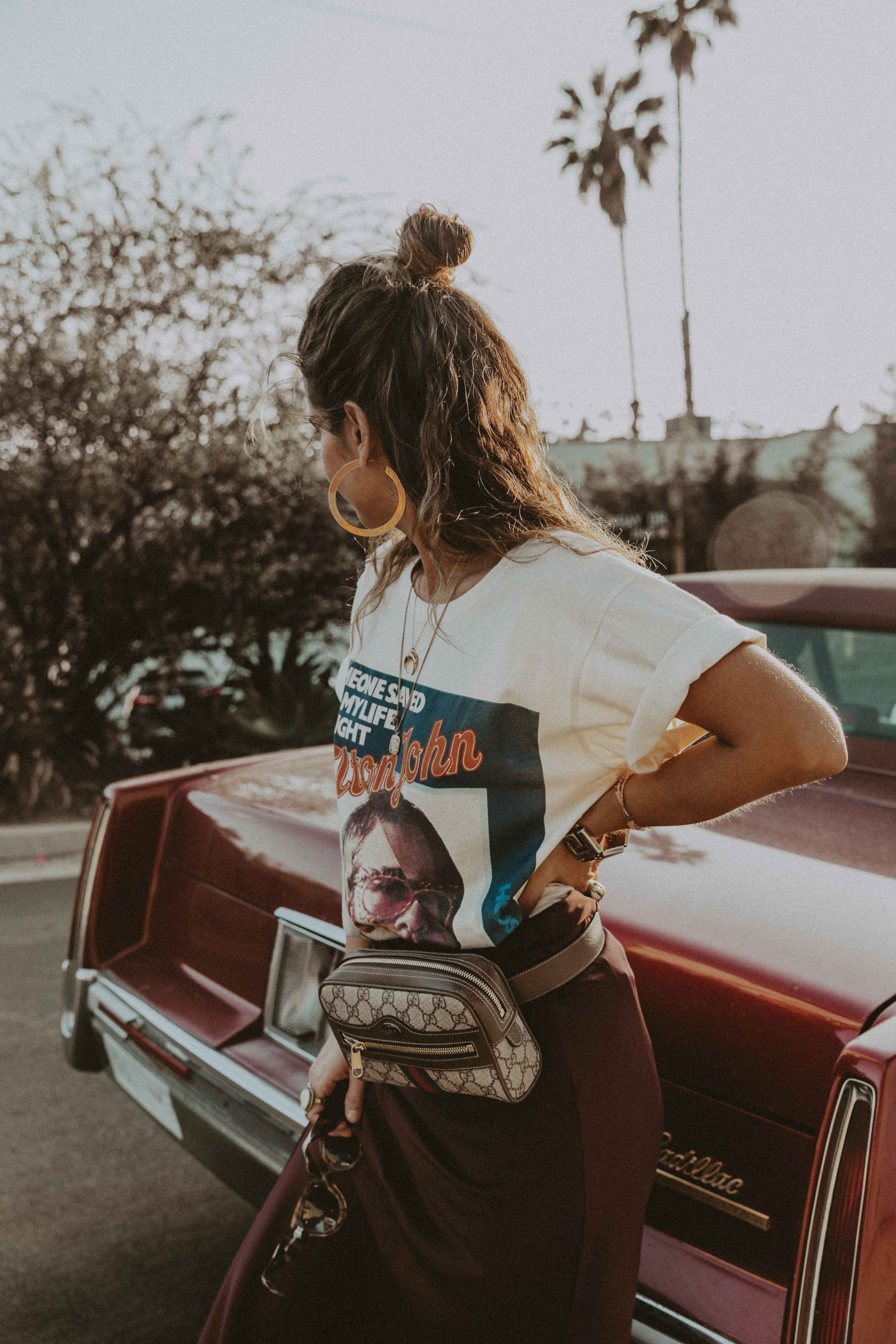 Sara of Collage Vintage wearing Joseph skirt and vintage Gucci tee