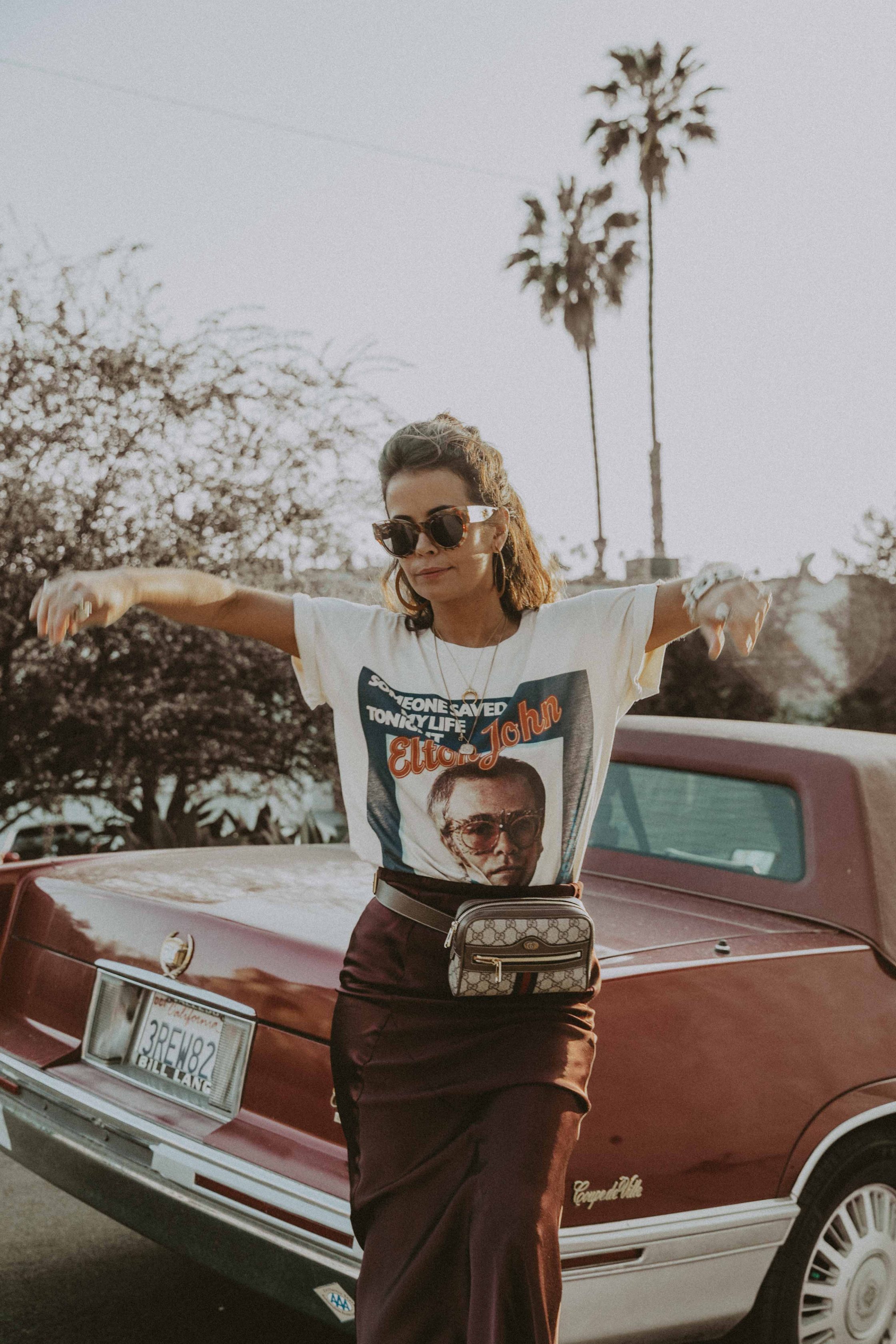 Sara of Collage Vintage wearing Joseph skirt and vintage Gucci tee