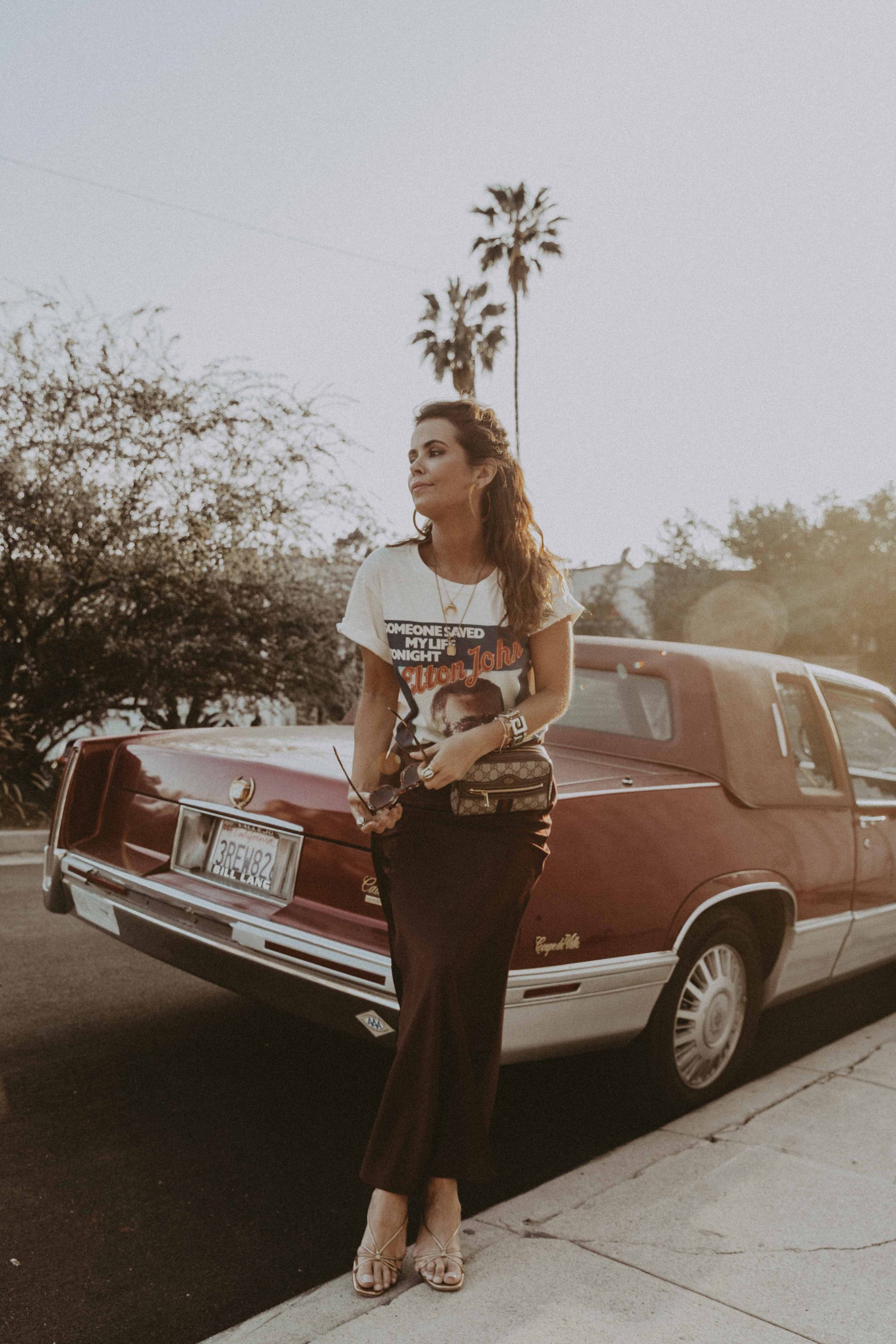 Sara of Collage Vintage wearing Joseph skirt and vintage Gucci tee
