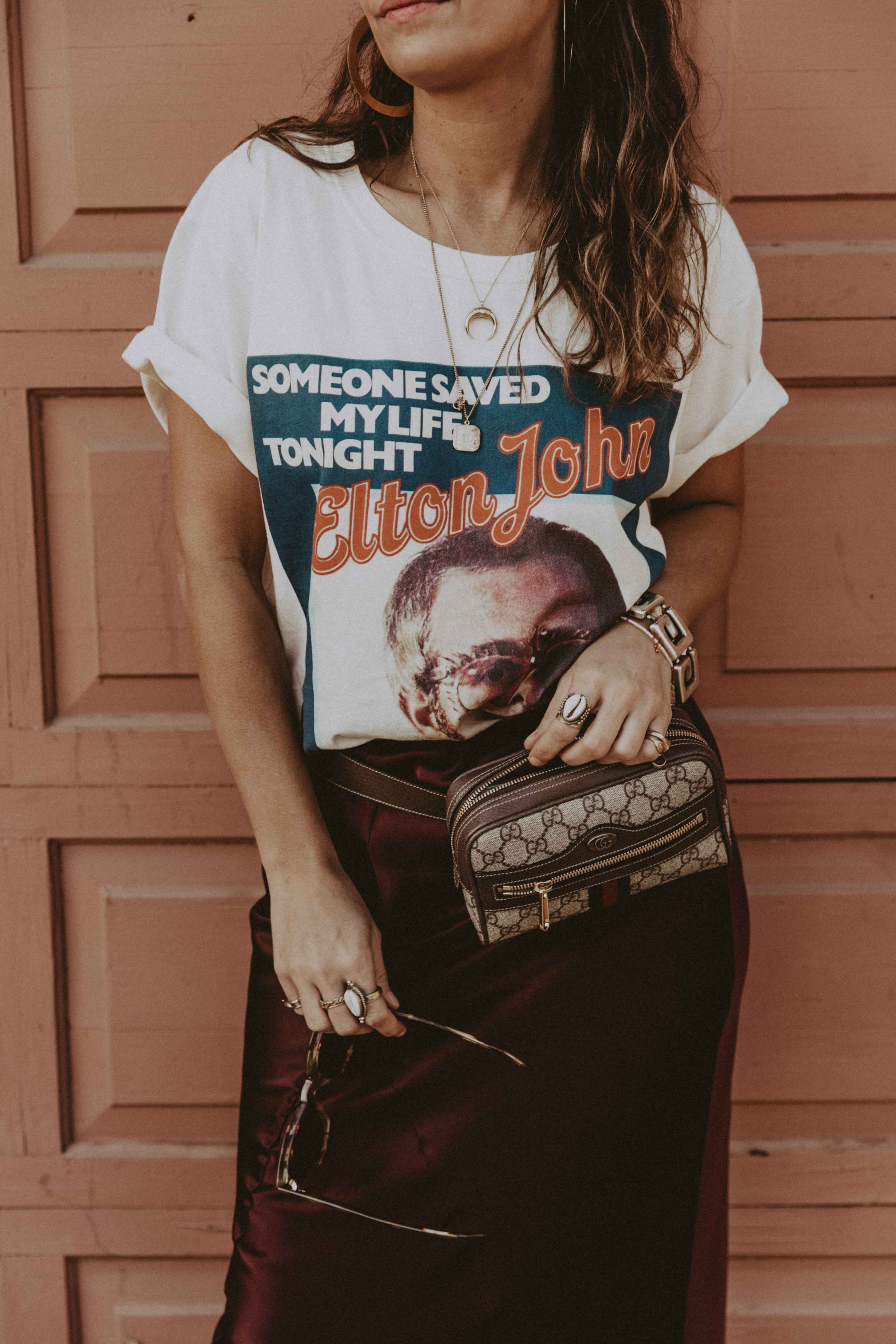 Sara of Collage Vintage wearing Joseph skirt and vintage Gucci tee