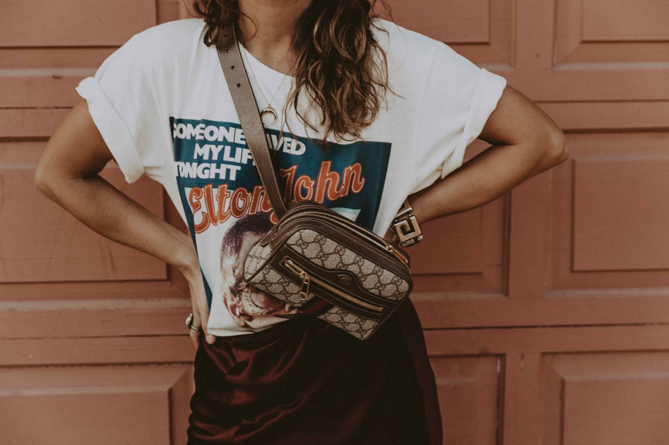 Sara of Collage Vintage wearing Joseph skirt and vintage Gucci tee