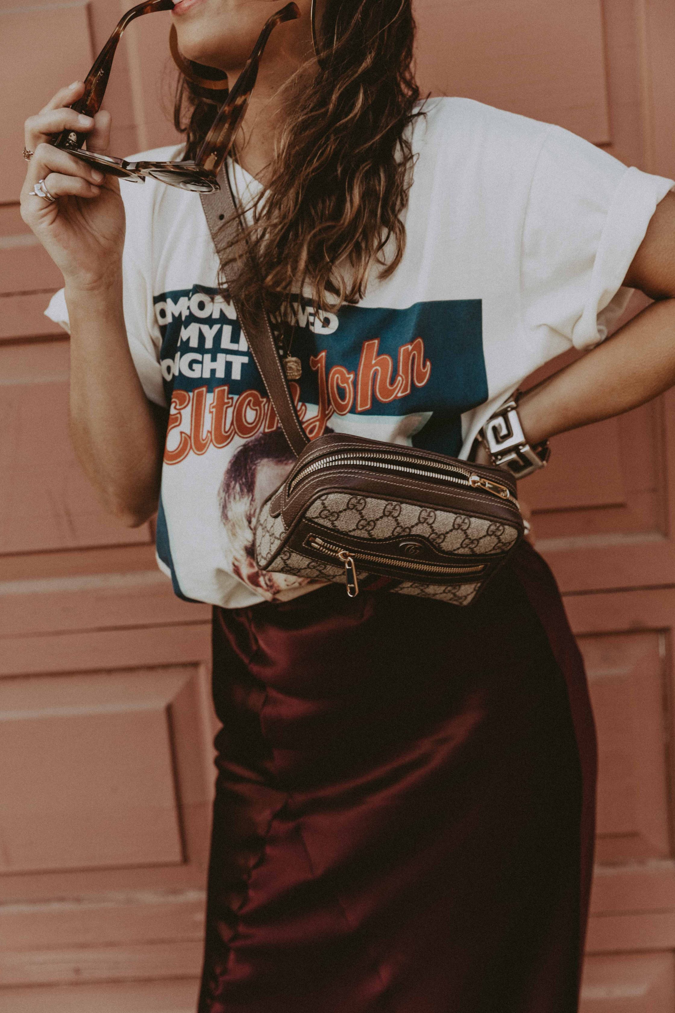 Sara of Collage Vintage wearing Joseph skirt and vintage Gucci tee