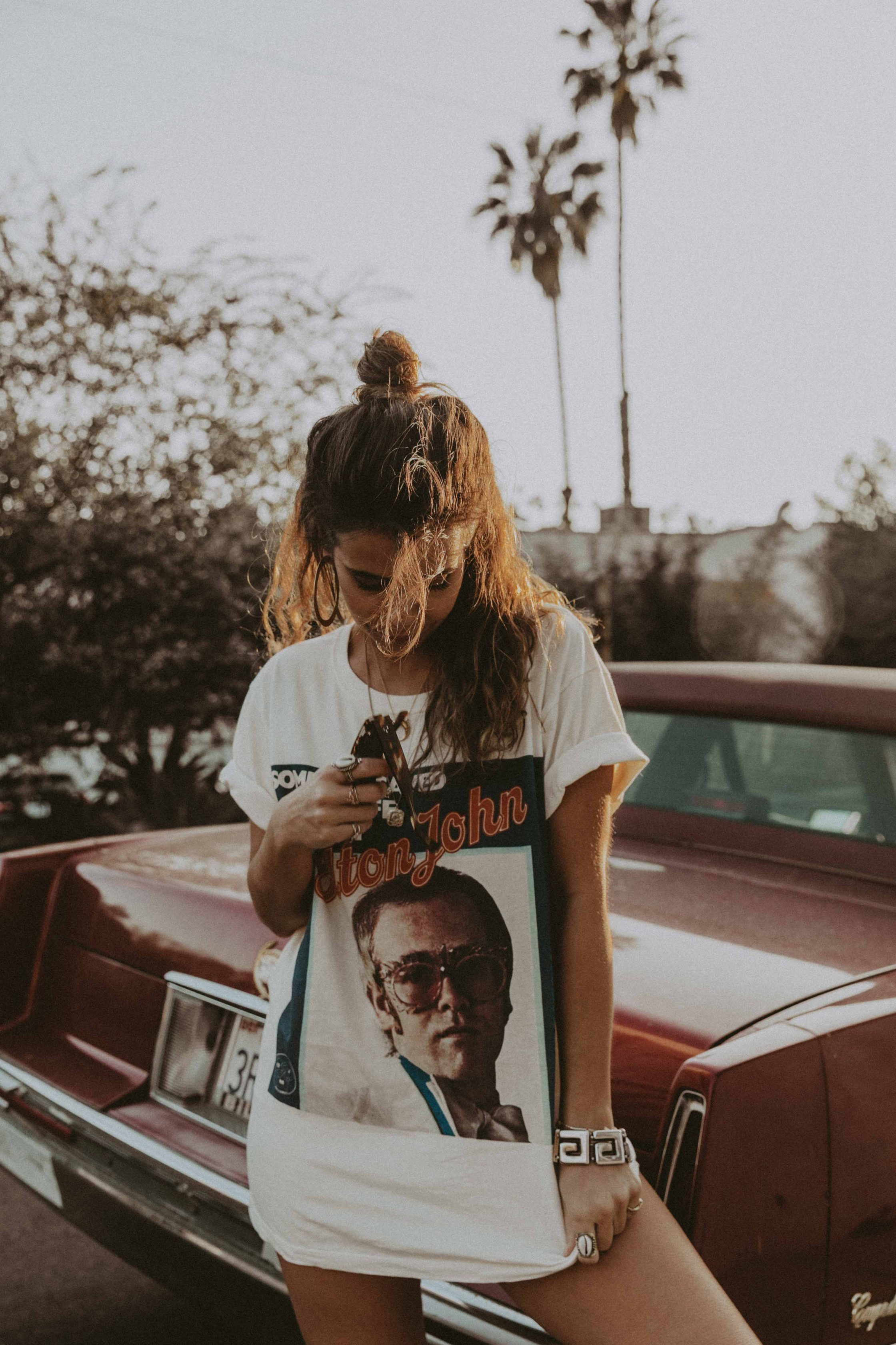 Sara of Collage Vintage wearing Joseph skirt and vintage Gucci tee